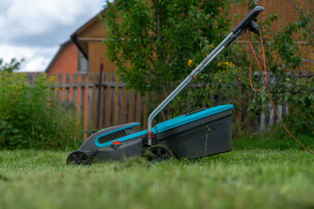 istock lawn mower stands on the lawn 1133856587