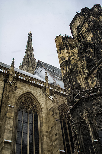 Vienna, Austria - January 20, 2014: The sights of Vienna, the interiors of the building of cathedrals and temples. Antique buildings of temples and cathedrals in the Gothic and Byzantine style.