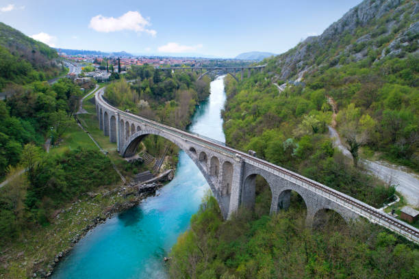 Solkan bridge over Soca river Solkan bridge over Soca river in Slovenia, Europe nova gorica stock pictures, royalty-free photos & images