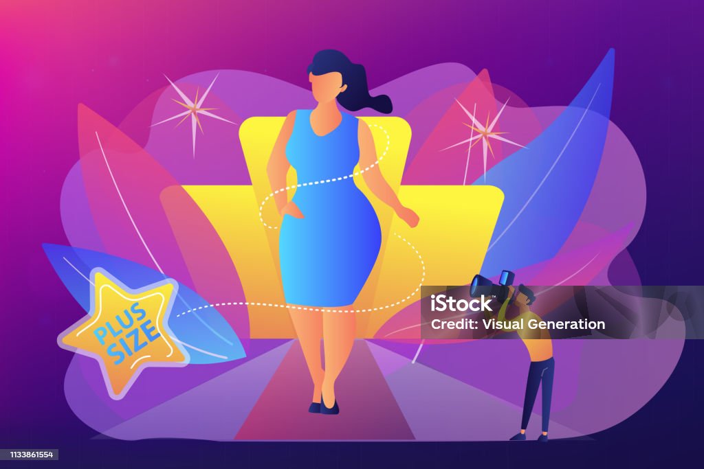 Plus size models concept vector illustration. Photographer taking photos of plus size model in runway fashion show. Plus size models, body positive fashion, plus-size clothing modeling concept. Bright vibrant violet vector isolated illustration Catwalk - Stage stock vector