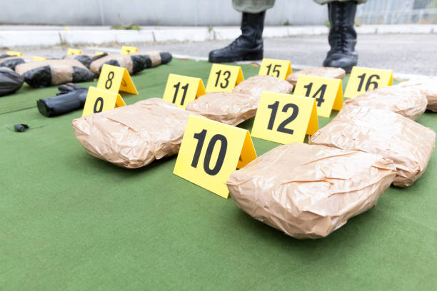 Police officer standing guard over seized packages of drug Drug evidence seized during the police raid cocaine photos stock pictures, royalty-free photos & images