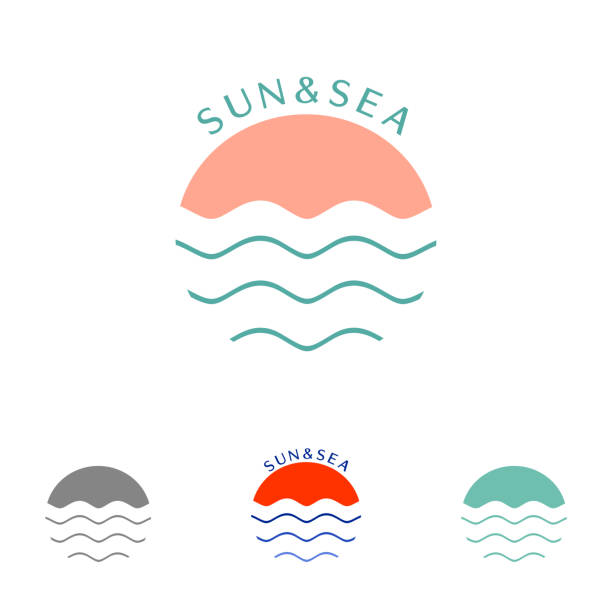 ilustraciones, imágenes clip art, dibujos animados e iconos de stock de sol y mar, insignia del color - river wave symbol sun