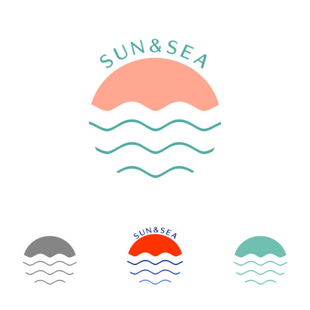 태양과 바다, 색상 로고 - river wave symbol sun stock illustrations