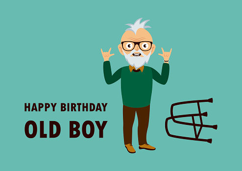 Punk grandpa cartoon character. Vital older adult vector. Funny birthday card for seniors. Age is just a number. Forever young boy. Punk is not dead