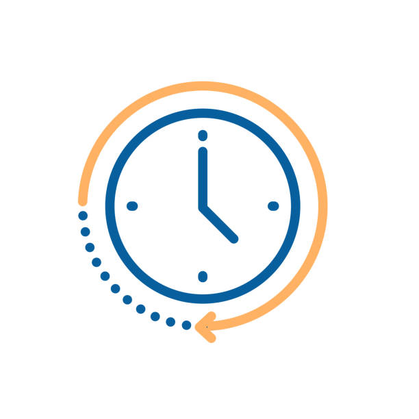 時間の経過を示す矢印の付いた円の動きの形の時計アイコン。時間の概念のためのベクトルイラスト, 進捗状況, 締め切り, 速達配達, 時間制限, 緊急性 - clock time business waiting点のイラスト素材／クリップアート素材／マンガ素材／アイコン素材
