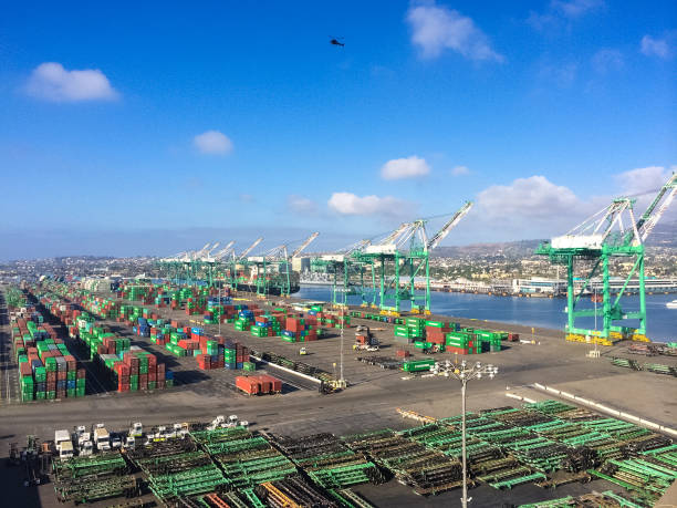 Port of Los Angeles from above San Pedro, California, USA - September 1, 2014: views of the Port of Los Angeles from the viewpoint of the St. Vincent Thomas Bridge that spans LA Harbor. Containers are offloaded and loaded from this major transportation hub. san pedro los angeles photos stock pictures, royalty-free photos & images