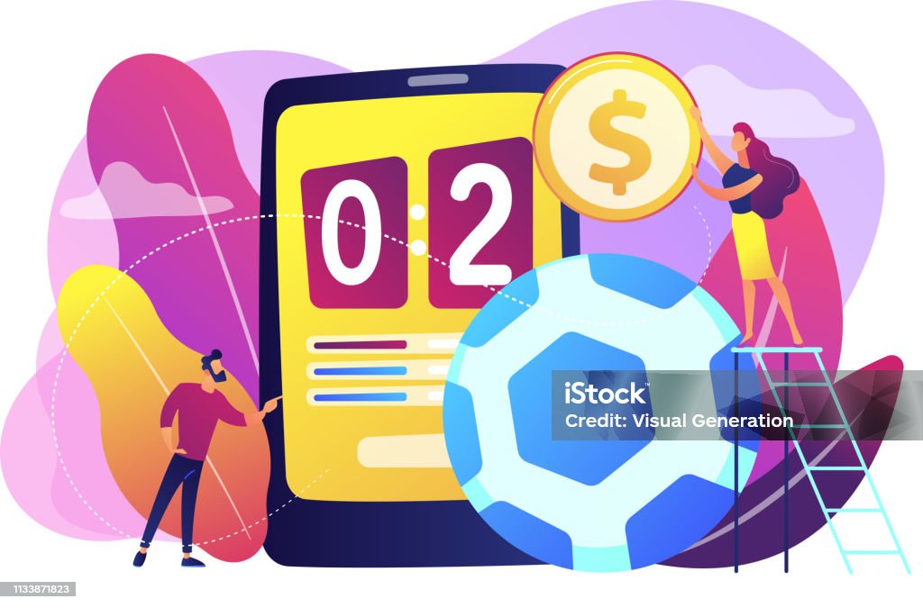 Sports betting concept vector illustration. Tiny people, businessman betting on football and bookmaker at big smartphone with score. Sports betting, bookmaker market, sports wagering concept. Bright vibrant violet vector isolated illustration Bookmaker stock vector