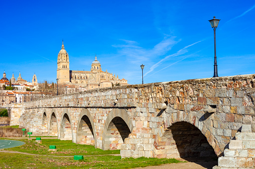 Salamanca Cathedral with the Roman Bridge in the foreground.