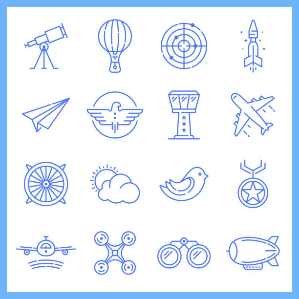 aviation academy blueprint style vector icon set - cockpit pilot airplane aerospace industry stock-grafiken, -clipart, -cartoons und -symbole