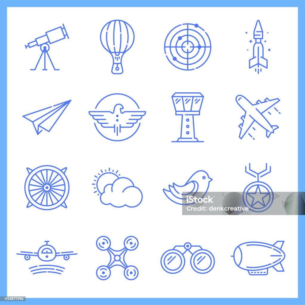 Aviation Academy Blueprint Style Vector Icon Set Modern aviation academy blueprint style concept outline symbols. Line vector icon sets for infographics and web designs. Aerospace Industry stock vector