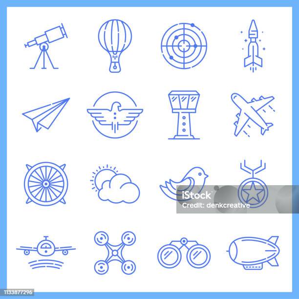 Aviation Academy Blueprint Style Vector Icon Set Stock Illustration - Download Image Now - Aerospace Industry, Icon Symbol, Airplane