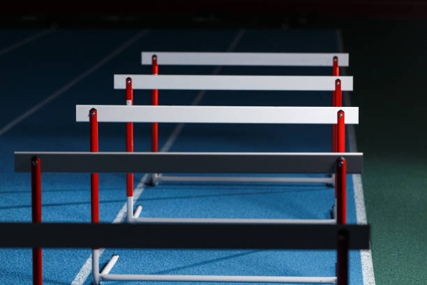 istock Row of hurdles for sprint training on the lane 1133877577