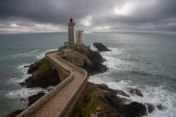 Phare du Petit Minou lighthouse with gray bad weather  horizontal , Brittany, France