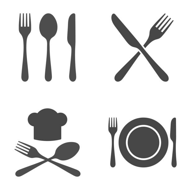 столовые приборы ресторан икона набор. векторная иллюстрация на белом фоне. - knife table knife kitchen knife white background stock illustrations