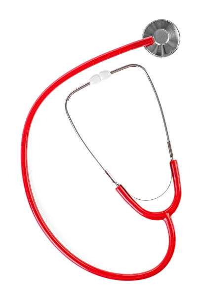 istock Close-up of red stethoscope on a white background, top view. 1133880542