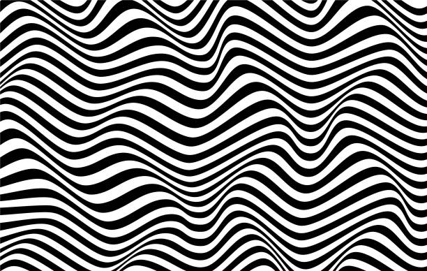 ilustraciones, imágenes clip art, dibujos animados e iconos de stock de fondo de vectores psicodélicos con distorsión de ondas negras - blanco y negro