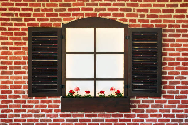 Stone wall with a open window. Window with wooden shutters. Bright abstract background ideal for any design