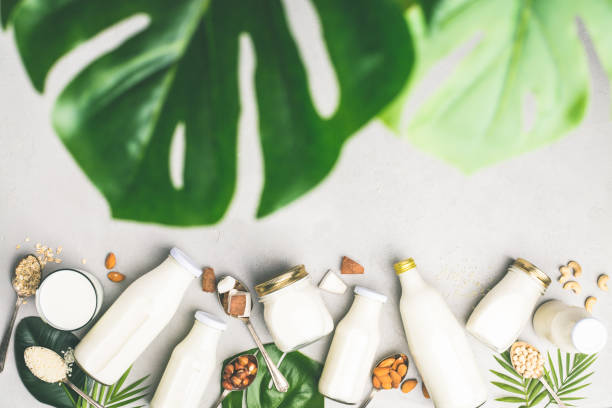 istock Dairy free milk substitute drinks and ingredients 1133885128