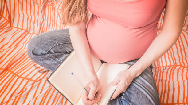 istock Pregnant woman is handwriting a birth plan at home 1133885469