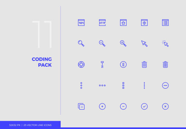 Vector Line Icons Coding Pack Simple line icons pack of website development key tools. Vector pictogram set for mobile phone user interface design, UX infographics, web apps, business presentation. Sign and symbol collection. markup stock illustrations