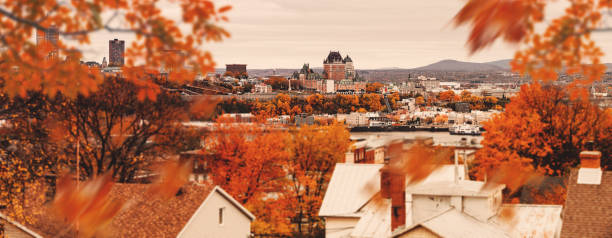 Lévi, QC, Canada – October 21, 2018 : View of Québec city in autumn from the other side of the river in town of Lévi.