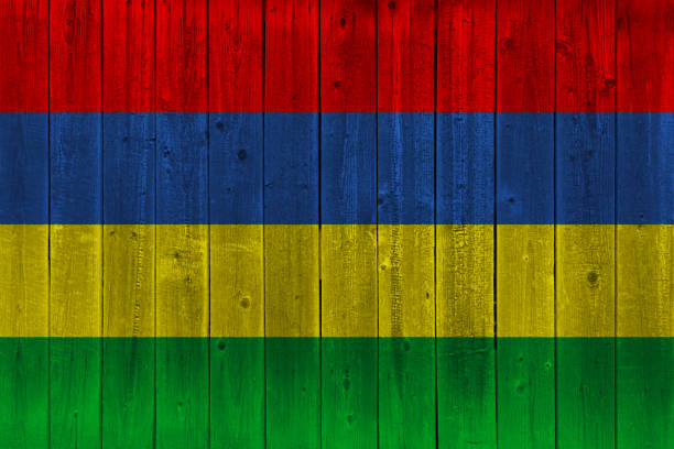 Mauritius flag painted on old wood plank. Patriotic background. National flag of Mauritius
