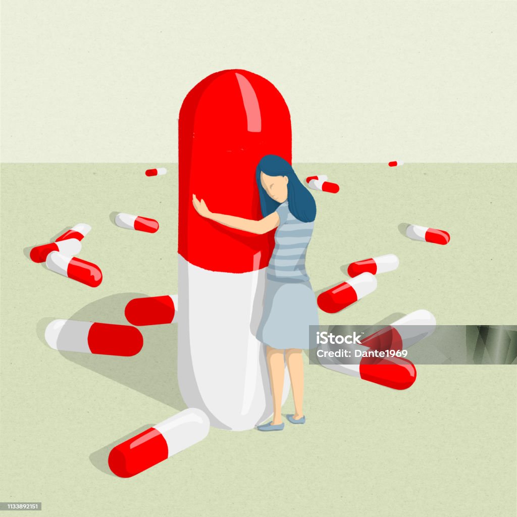진통제와 우울증으로 의약품에 의존 하는 큰 알 약을 포옹 하는 여자의 그림 약품 캡슐에 대한 스톡 벡터 아트 및 기타 이미지 ...