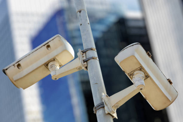 Modern CCTV camera with business buildings in the background
