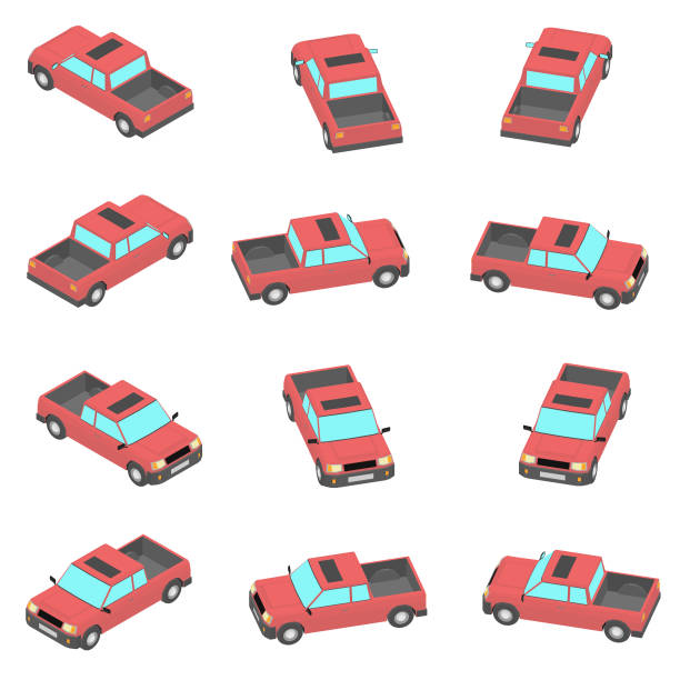 cartoon roten pickup in 12 arten. - truck pick up truck side view car stock-grafiken, -clipart, -cartoons und -symbole