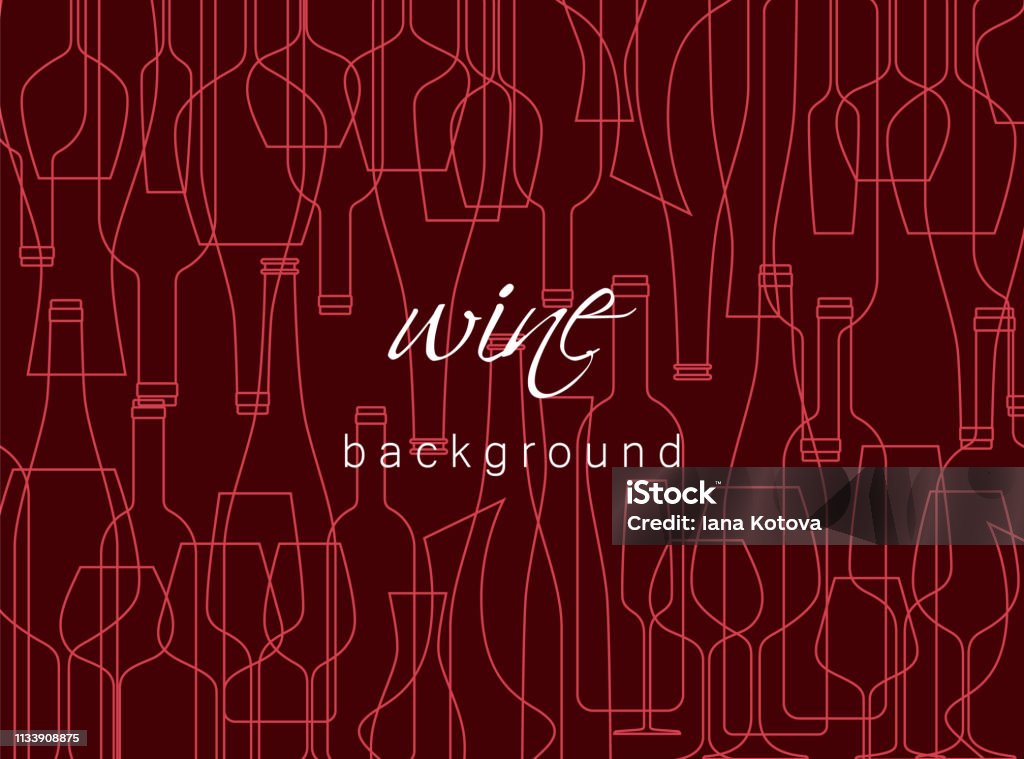 ワインボトルとメガネとの水平背景。テイスティングのためのデザイン要素、メニュー、ワインリスト、レストラン、ワイナリー、ショップ。モダンなラインスタイルのテクスチャ。 - ワインのロイヤリティフリーベクトルアート