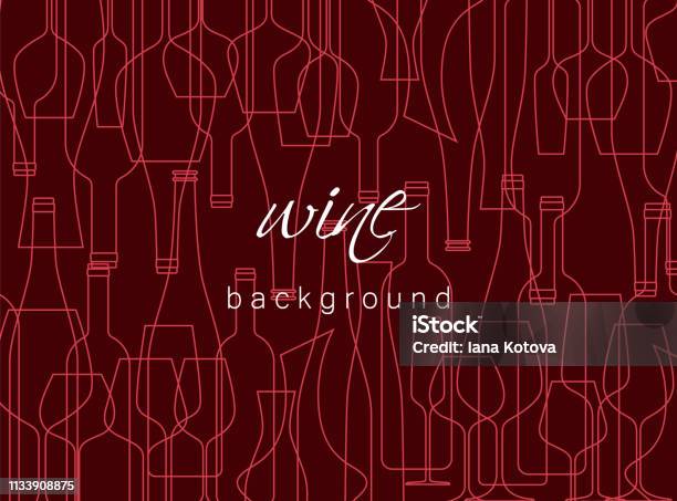 ワインボトルとメガネとの水平背景テイスティングのためのデザイン要素メニューワインリストレストランワイナリーショップモダンなラインスタイルのテクスチャ - ワインのベクターアート素材や画像を多数ご用意