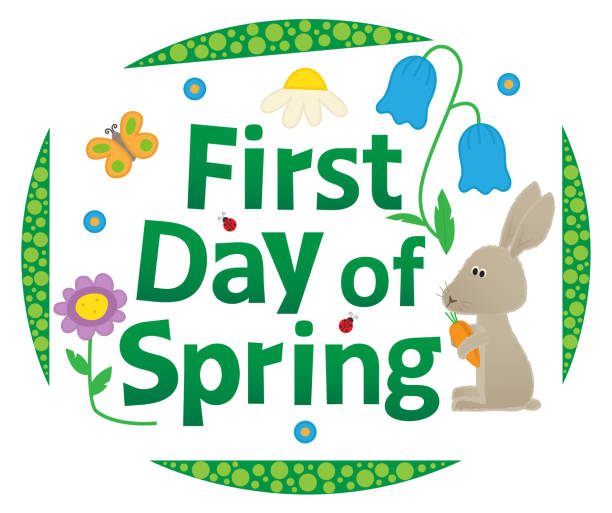 First Day of Spring First day of spring cute sign with rabbit and flowers. Eps10 first day of spring stock illustrations