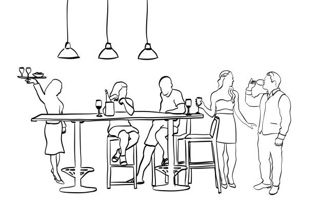 ilustraciones, imágenes clip art, dibujos animados e iconos de stock de casa social mingle - restaurant waiter table wait staff