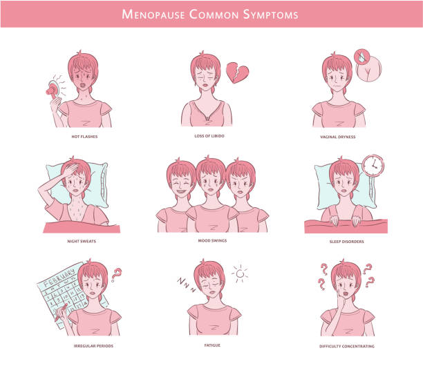 ilustrações, clipart, desenhos animados e ícones de as ilustrações com mulher envelhecida média experimentaram sintomas comuns da menopausa - medical occupation flash