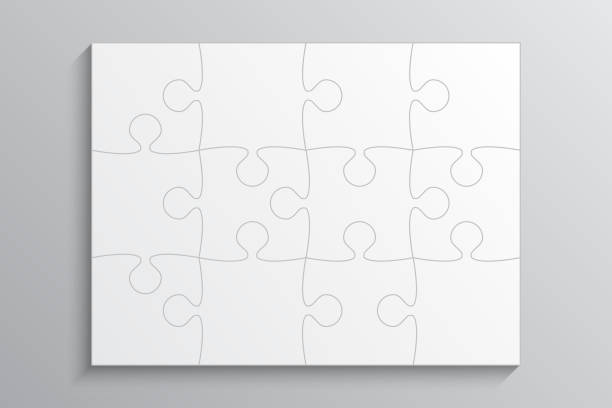 Background with puzzle jigsaw 12 white separate pieces. Puzzle background, banner, blank. Vector jigsaw section template. Background with puzzle 12 white separate pieces, mosaic, details, tiles, parts. Rectangle outline abstract jigsaw. Game group detail. puzzle patterns stock illustrations