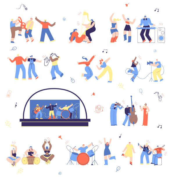 stockillustraties, clipart, cartoons en iconen met muzikanten en muziek fans vector illustratie set - live evenement illustraties