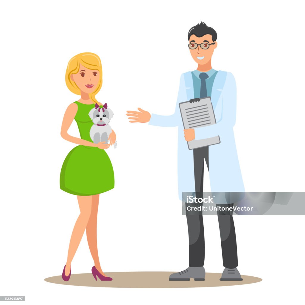 Veterinary Consultation Flat Vector Illustration Veterinary Consultation Flat Vector Illustration. Woman with Yorkie Talk with Veterinarian. Dog Lover, Vet Doctor and Pet Cartoon Character. Animal Care service. Color Isolated Design Element Adult stock vector