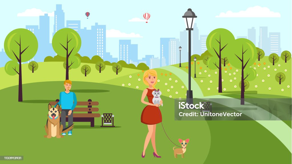 Dog Lovers Walk Vector Color Flat Illustration Dog Lovers Walk Vector Color Flat Illustration. Cartoon Character Pet Owners and Animals in Urban Park. Pet and Human Friendship. Man, Woman, Alsatian Dog, Purse Dogs. Horizontal Cityscape Background Pet Owner stock vector