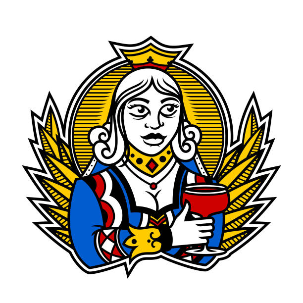 Queen of clubs with wine - woman character in playing cards Queen of clubs with wine - vector illustration of woman character for playing cards bar drink establishment illustrations stock illustrations