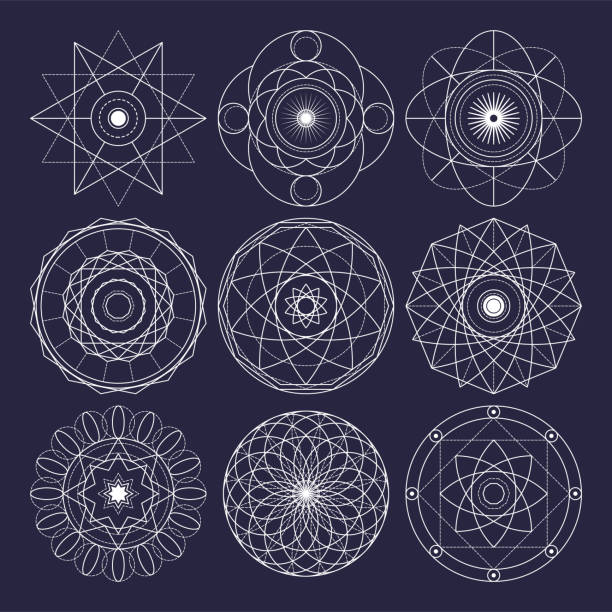 Sacred geometry vector design elements. Original outline vector (non expanded stroke). Sacred geometry vector design elements. Original outline vector (non expanded stroke). Philosophy, spirituality, alchemy, religion, symbols and elements. Dark theme background. non divine stock illustrations