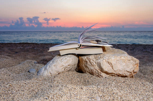 Open book at beach during summer time stock photo