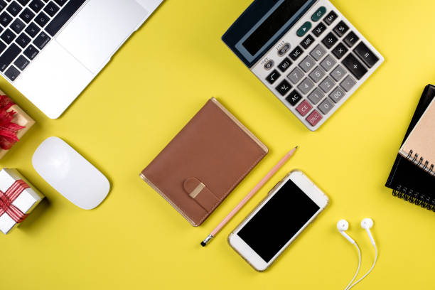 istock Desk, computer desk with equipment Top view with copy-image area, business concept 1133928905