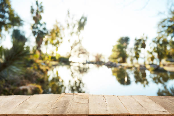 istock Wood Table Top on Blurred Tropical Background 1133928947