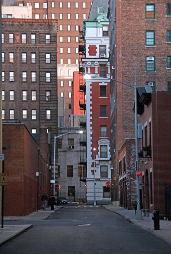 Quiet street among tall buildings in Brooklyn Heights, NYC, New York