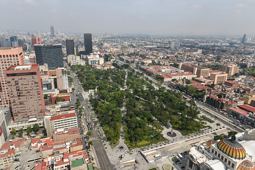 Aerial view of Alameda Central and the Palace of Fine Arts in Mexico City, Mexico.