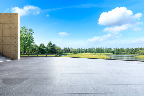 istock Empty square floor and green forest in the city park 1133941555