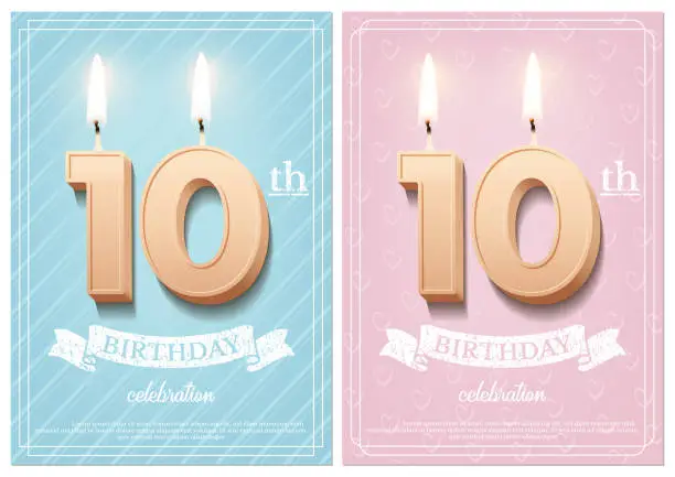 Vector illustration of Burning number 10 birthday candles with vintage ribbon and birthday celebration text on textured blue and pink backgrounds in postcard format. Vector vertical tenth birthday invitation templates.