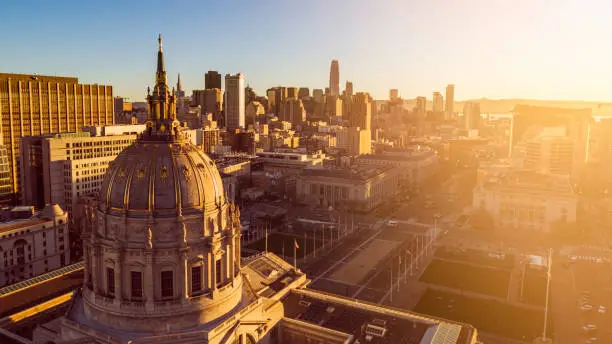 High quality stock photo of San Francisco City Hall at dawn on crisp clear day in the Bay Area.