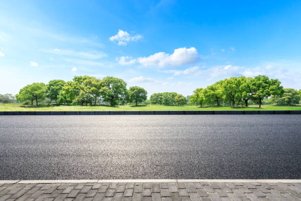 Asphalt road and green forest landscape in summer season stock photo