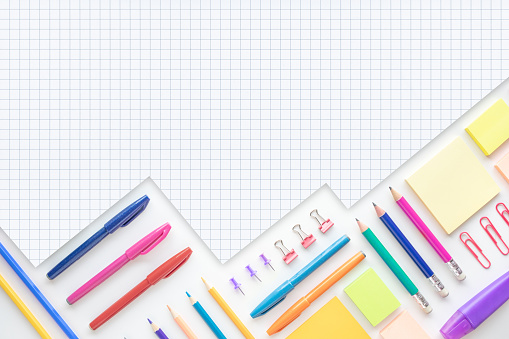 Ideas creativity concepts with flat lay of colorful stationery on wite space background.back to School.Modern mock up of business and education.